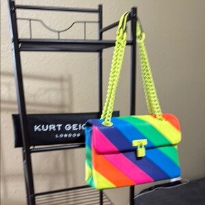 Kurt Geiger Neon Rainbow Striped PRIDE shoulder bag with adjustable chain strap